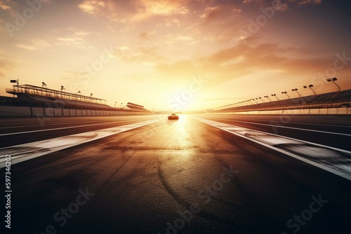 Motion blur sunrise on international racetrack with starting/end line and digital background. Generative AI