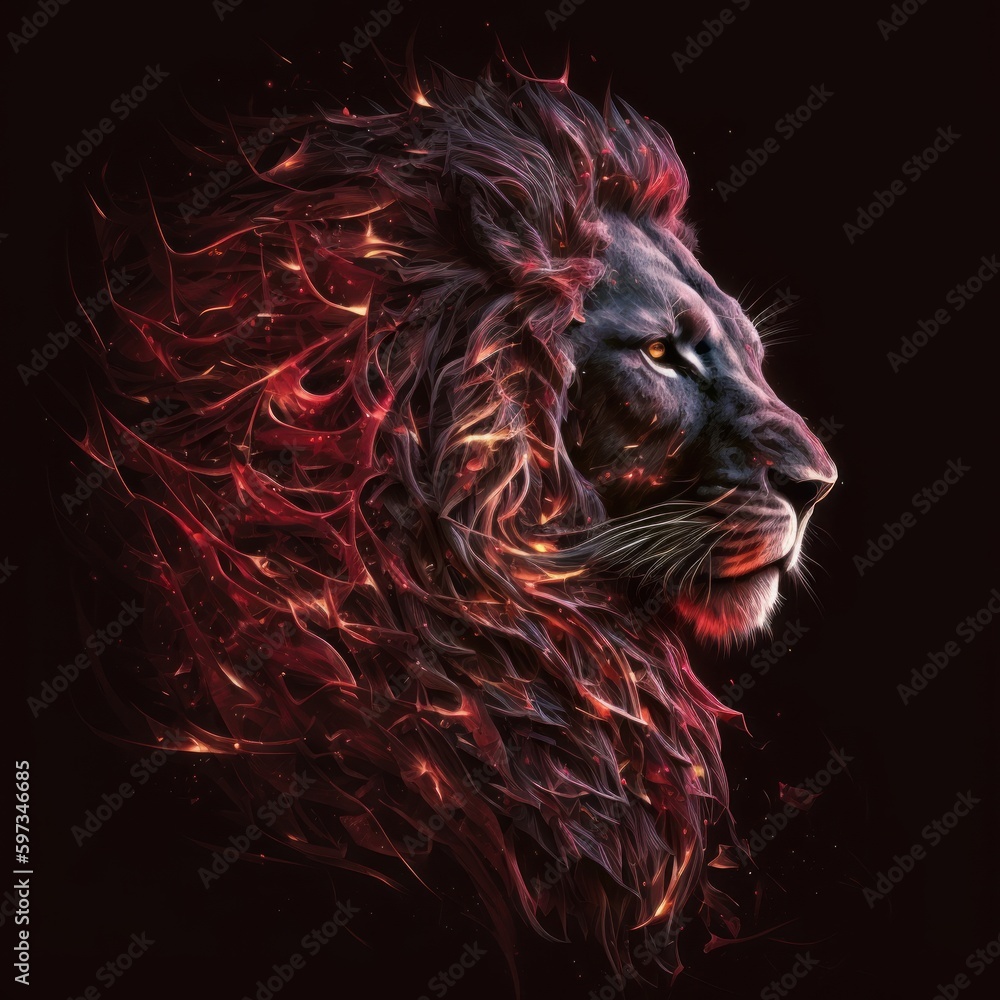 A close up of a lion's face on a black background, created with Generative Ai Technology A close up of a lion's face on a black background, created with Generative Ai Technology