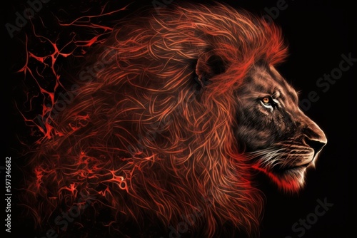 A lion with red hair and a black background, created with Generative Ai Technology