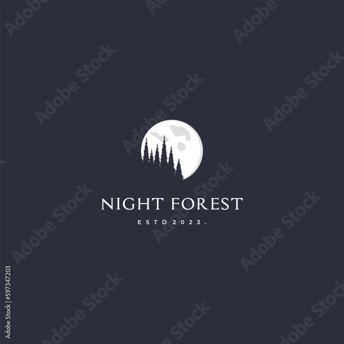 evergreen forest at night silhouette logo illustration
