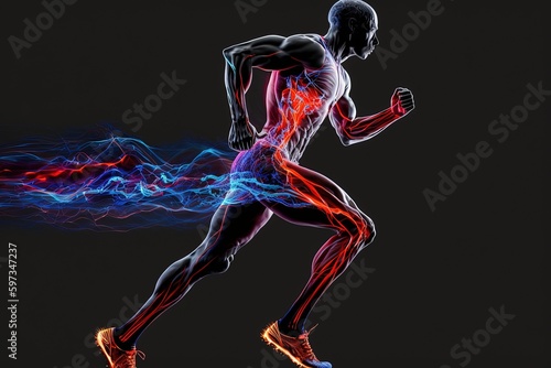Sport Runner , Side profile view of sporty energetic serious healthy dynamic. Side view of a jogger legs with the power in the veins isolated, created with Generative Ai Technology