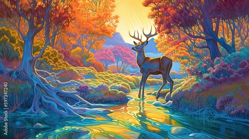 illustration of a stag walking at riverside in woods  Generative Ai