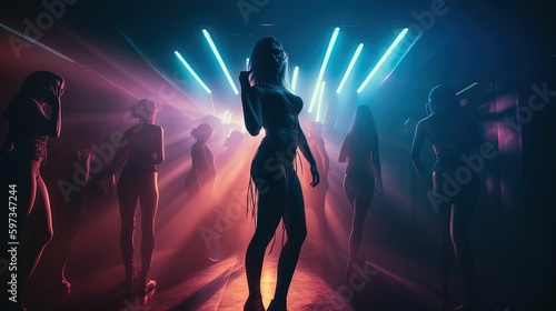 sexy woman dancing in nightclub with flashlight in dark room, Generative Ai photo