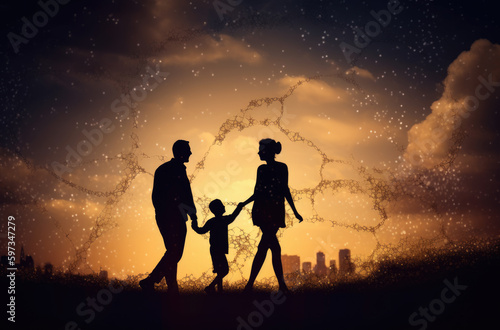 silhouette family walking with a child. Generative Ai.