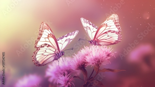 beautiful two pink butterfly with flower , Generative Ai