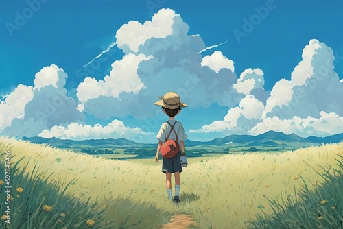 A boy standing in a field with a hat on in anime illustration style  created with Generative Ai Technology