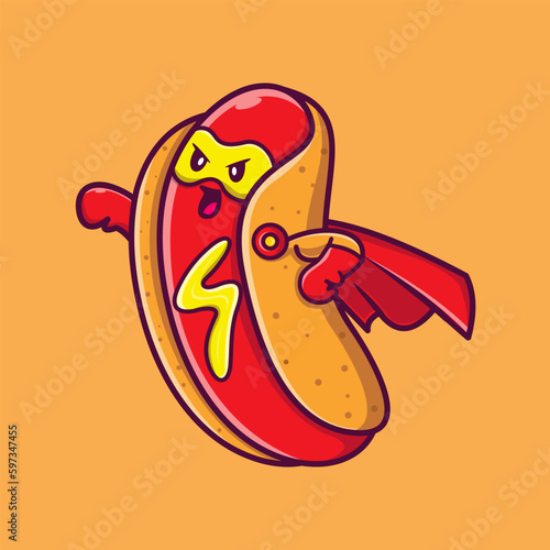 Cute Hotdog Superhero Cartoon Vector Icon Illustration. Food Hero Icon Concept Isolated Premium Vector. Flat Cartoon Style