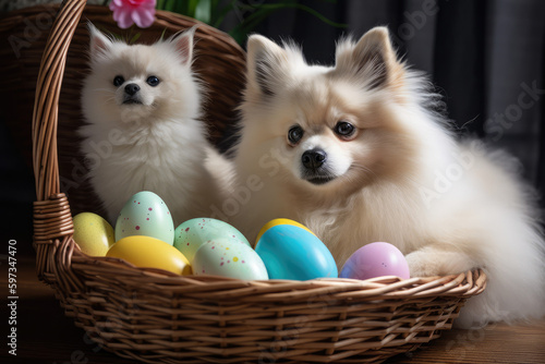 A adorable dog and kitten cuddled up next to a pretty straw Easter basket full with vibrant eggs, generative AI