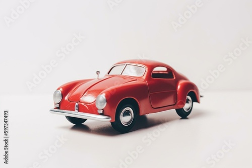 A white background showcases a top-ranked vintage red toy car. Generative AI