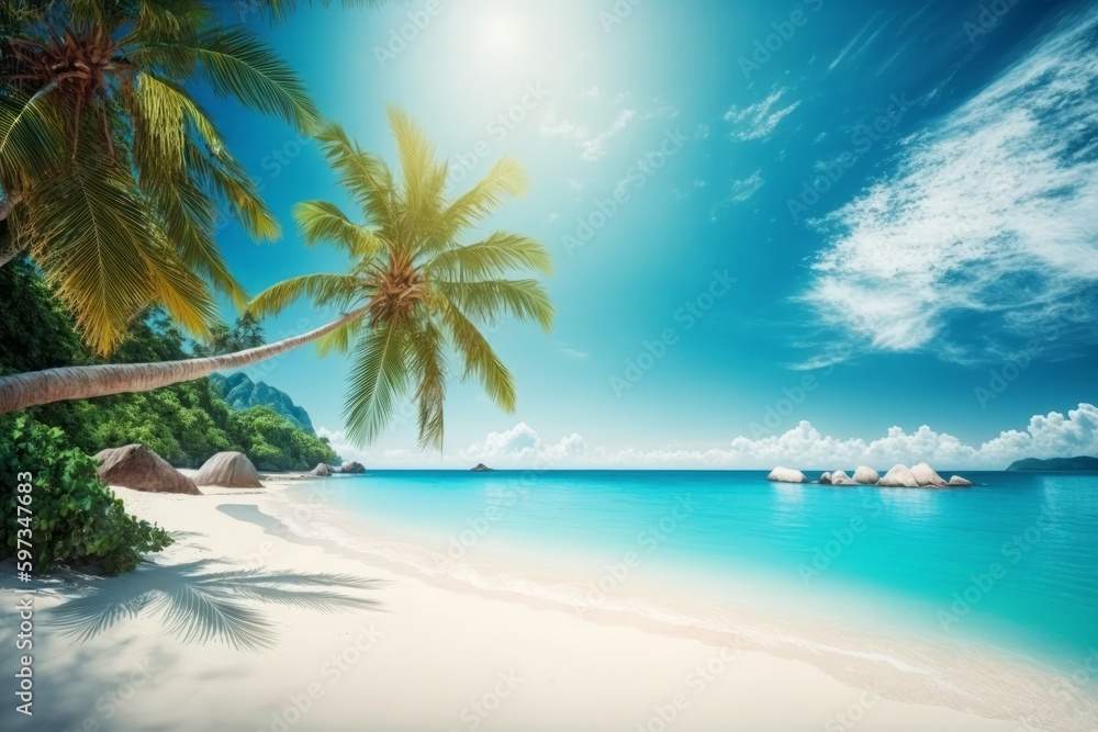 A painting of a tropical beach with palm trees, created with Generative Ai Technology