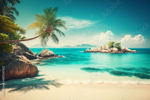 A painting of a tropical beach with palm trees, created with Generative Ai Technology