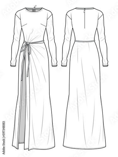 Midi dress technical flat sketch, long sleeve, front view split and back view zipper, Vector illustration template and mockup.