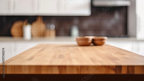 empty table to showcase your product on kitchen room background , Generative AI