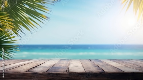 empty table to showcase your product on seascape view background , Generative AI