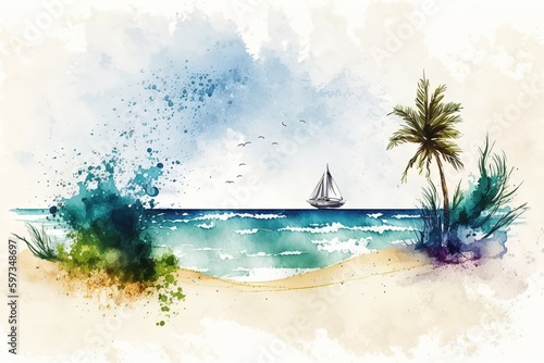 A watercolor painting of a beach with a sailboat, created with Generative Ai Technology