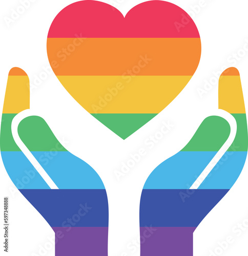 Vector illustration of hand holding LGBTQ rainbow heart colors. Concept of pride, freedom, equality, rights, lesbian, gay, bisexual, transgender love and homosexuality. T-shirt print, emblem or logo