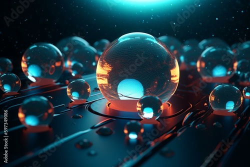 Foto Surreal abstraction with glowing orbs floating around