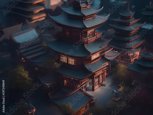 Architectural model of Chinese temple, Generative AI