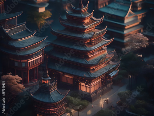Architectural model of Chinese temple, Generative AI