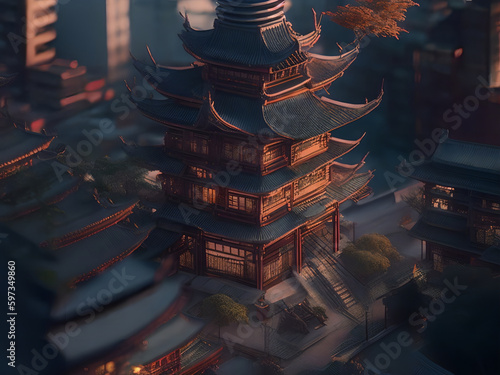 Architectural model of Chinese temple, Generative AI