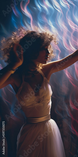 A beautiful woman dancing at a rave, PLUR style, dynamic poses, generative ai photo