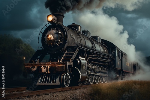 A classic locomotive painting with billowing smoke and steam. Generative AI