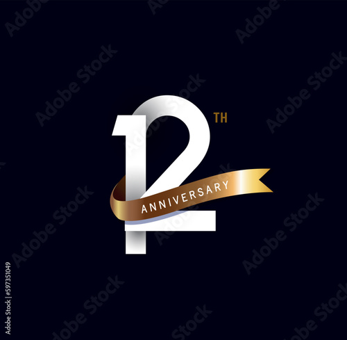 12 years anniversary vector number icon, birthday logo label, black and white with gold ribbon