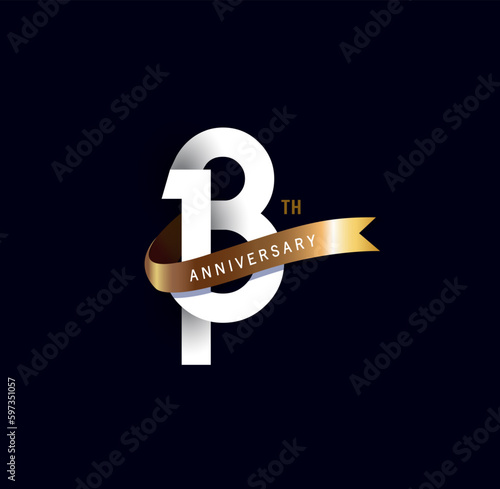13 years anniversary vector number icon, birthday logo label, black and white with gold ribbon