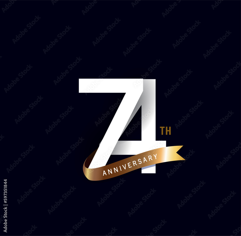 74 years anniversary vector number icon, birthday logo label, black and white with gold ribbon 74 years anniversary vector number icon, birthday logo label, black and white with gold ribbon