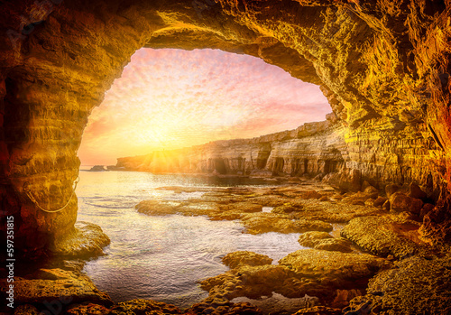 Tableau sur toile Landscape with sea cave at sunset, Ayia Napa, Cyprus