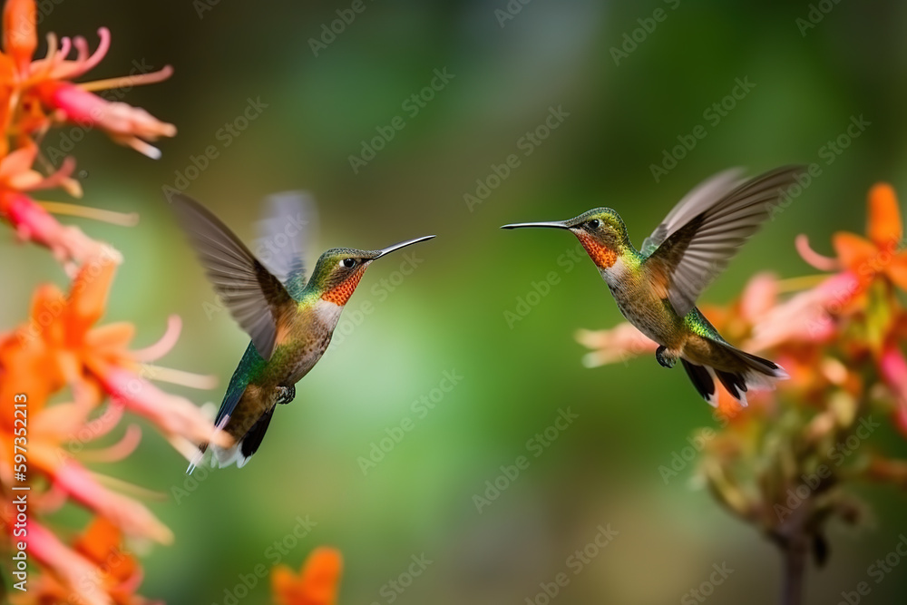 Image of hummingbird in flight feeding on flower nectar on natural background. Birds. illustration, generative AI Image of hummingbird in flight feeding on flower nectar on natural background. Birds. illustration, generative AI