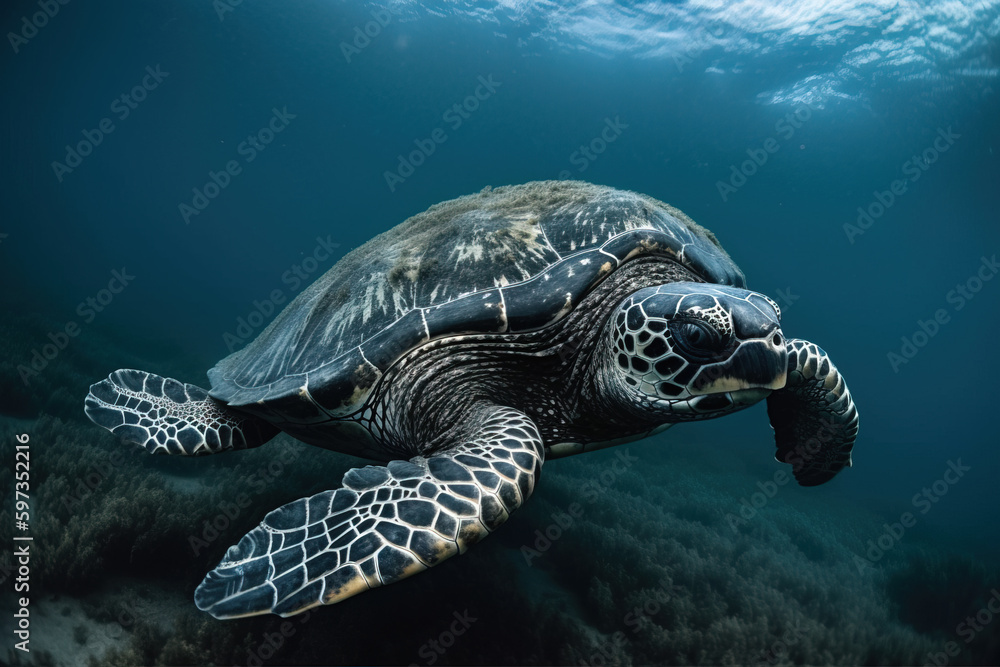 image of a hawksbill turtle swimming under the sea. underwater animals. illustration, generative AI.