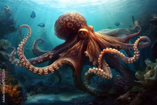 image of a giant octopus swimming under the sea. underwater animals. illustration, generative AI. © yod67