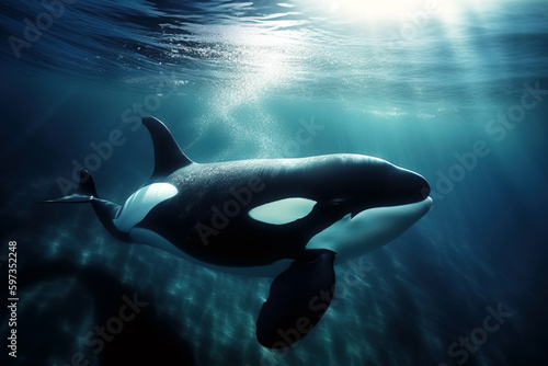 Image of orca or killer whale swimming under the sea. underwater animals. illustration, generative AI. © yod67
