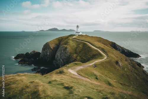 Watercolor of a white lighthouse on green hill above blue sea on Ynys Llanddwyn island. Generative AI photo