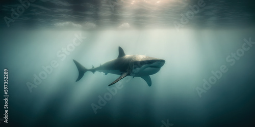 Underwater Photo of Shark in the Ocean with Murky Dark Water. Generative AI © Black Label Graphics