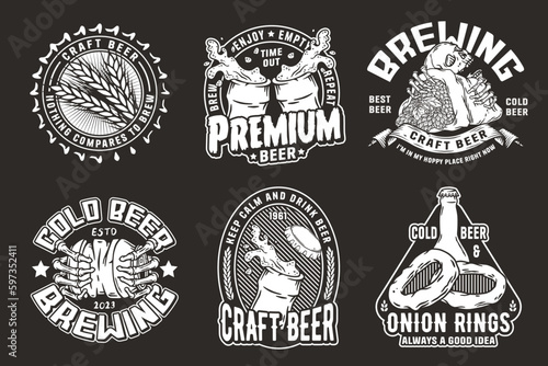 Beer set of designs with beer cap, can, hop, skeleton and bottle. Skull, beer glass, barly, bone hand and bottle for brewery or bar. Craft beer vector logos or emblems for pub and store