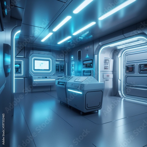 Futuristic, sci-fi laboratory, high-tech, laboratory lighting with metal surfaces, generated in AI © Andrei