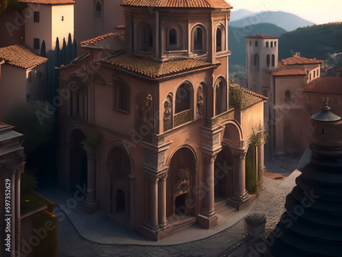 Architectural model of a church in the countryside of Italy, Generative AI