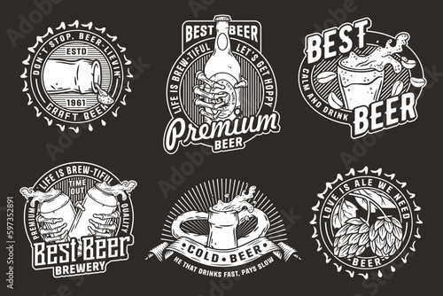 Beer set of designs with beer cap, can, hop, skeleton and bottle. Skull, beer glass, barly, bone hand and bottle for brewery or bar. Craft beer vector logos or emblems for pub and store