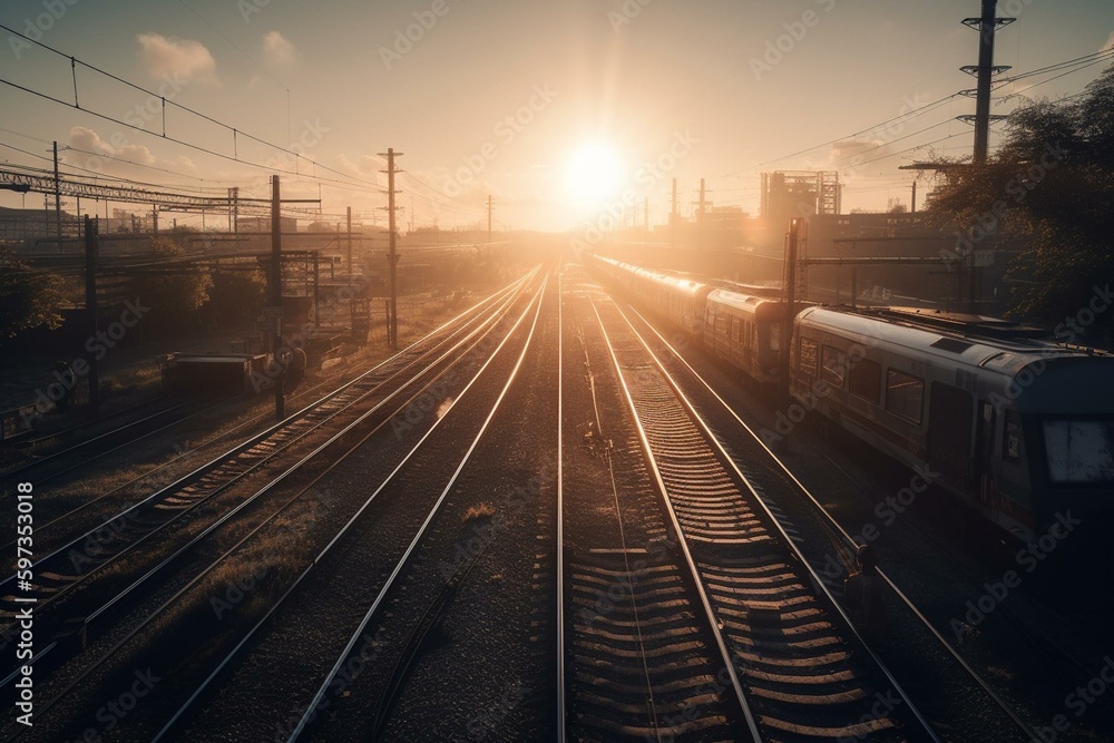 Sunrise viewed from a train station platform. Generative AI