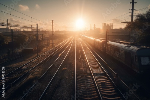 Sunrise viewed from a train station platform. Generative AI