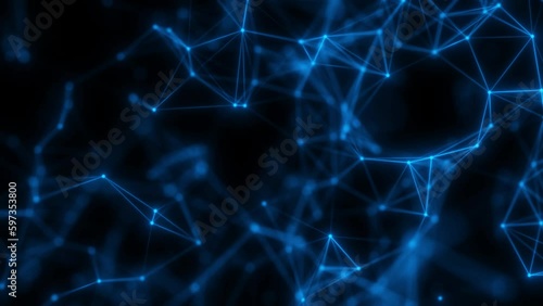 Network of blue particles on a dark background. Seamless loop.