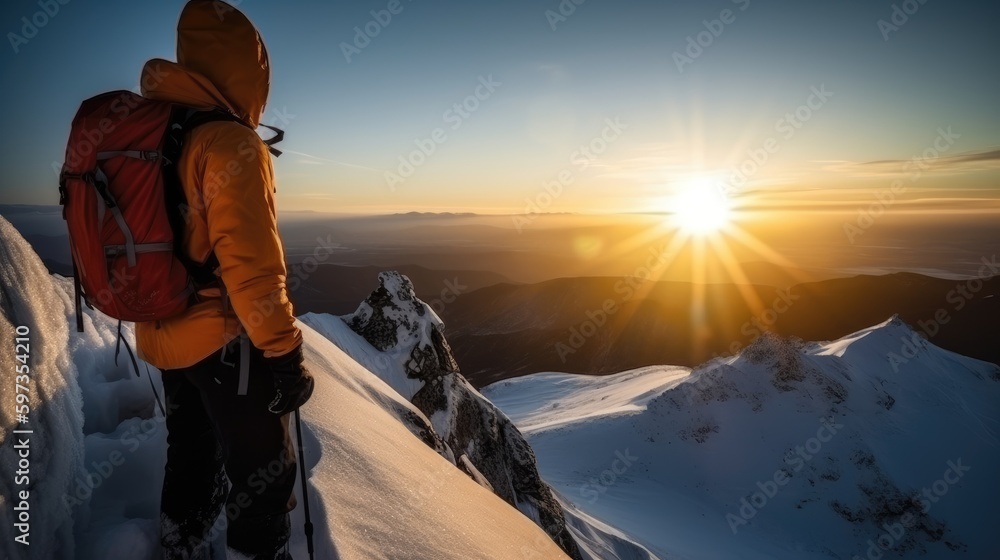 Mountain Climber at sunrise in the mountains