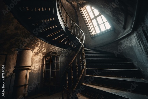 Fototapete Spiraling stairs within the lighthouse. Generative AI