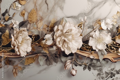 Organic border with marbled floral pattern, retro style. Keywords: botanical, seamless, wash, ribbon, fashion, edging. Generative AI © Leila