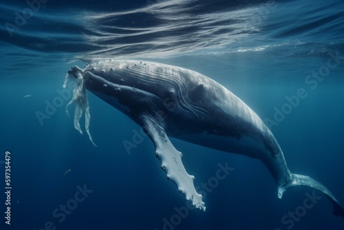 Plastic ingestion by whales highlights urgent need to reduce plastic usage for ocean health. Generative AI © Kato