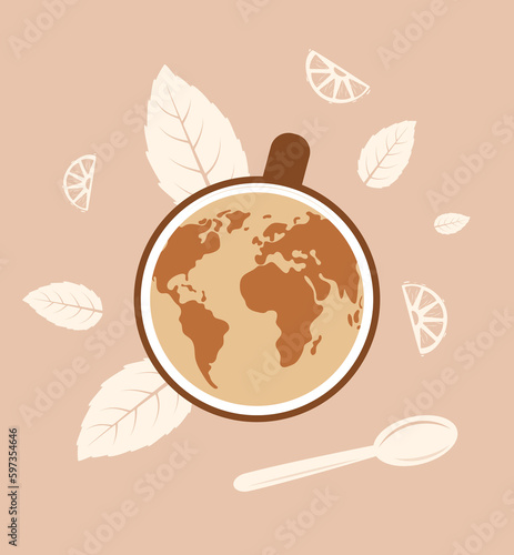 Cup of tea with world map. International tea day vector illustration. Template for banner, background or card. 
