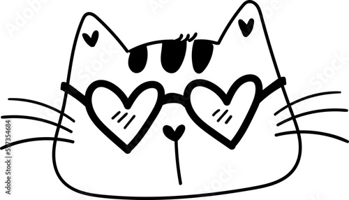 funny cat wears heart shape sun glasses cartoon drawing