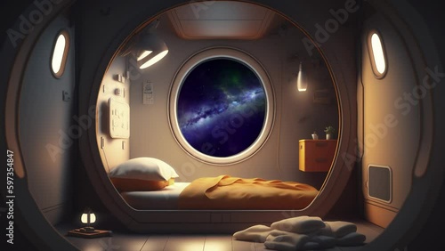 Interior of a doomsday escape pod. With milky way galaxy outside of the window. Meditation. Relaxing time. Space travelling.